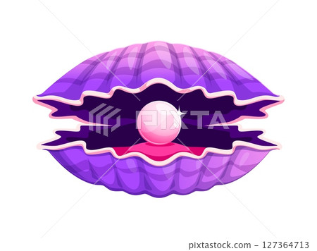 Cartoon pearl shell scallop, purple underwater oyster and seashell with large pearl sparks inside. Vector conch, whimsical ocean treasure, game asset with smooth, glossy texture and pink luxury pearl Cartoon pearl shell scallop, purple underwater oyster and seashell with large pearl sparks inside. Vector conch, whimsical ocean treasure, game asset with smooth, glossy texture and pink luxury pearl 127364713