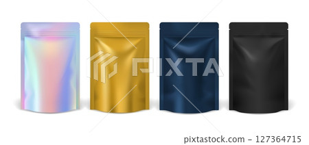 Realistic color pouch bags. 3d Vector resealable metallic sachet containers in holographic, gold, navy and black shades. Packs for branding, packaging, showcasing reusable and modern storage products 127364715