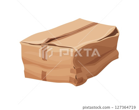 Deformed broken, damaged and crumpled cardboard box package, vector delivery parcel. Crushed or ripped cargo box with torn and crumpled sides by transportation for damaged delivery carton box icon 127364719