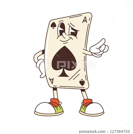 Groovy casino Ace of Spades character. Vegas casino Black Jack or poker card, gambling luck and money bet game vector funky personage. Ace of Spades playing card groovy character pointing finger 127364720