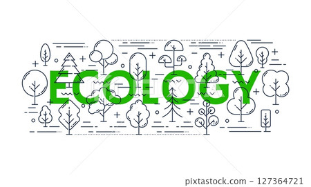 Environment forest garden and park tree line icons, vector eco nature and ecology themes. Outline fir, pine and oak, maple, hedge bushes and birch tree icons. Environment and timber line symbols 127364721