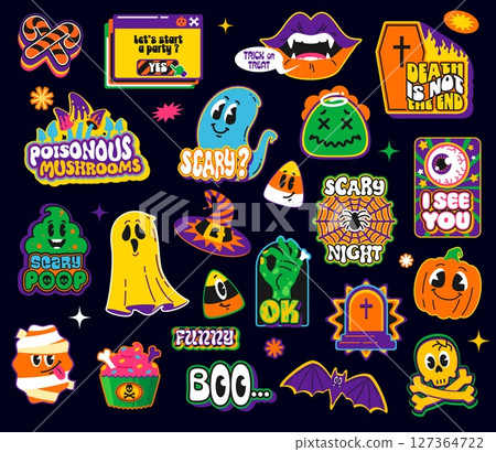 Halloween funky groovy y2k retro stickers, holiday scary patch labels. Spooky ghost, pumpkin, skull and mummy monsters vector emojis. Halloween scary y2k trick or treat candies and cocktail stickers 127364722