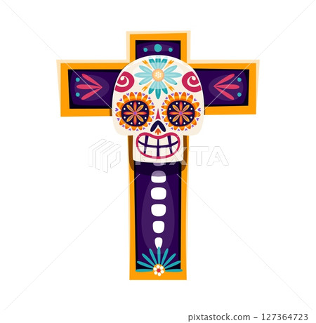 Day of the Dead font cross and sugar skull letter T. Latin America Day of the Dead festival typeset vector symbol, ritual carnival type element. Mexican death holiday latin font sign or letter 127364723