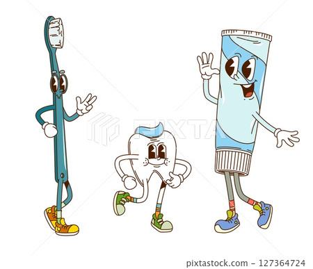 Groovy tooth, toothpaste and brush characters. Oral hygiene and teeth health hippie groovy funny characters. Kids dentistry tooth brush, paste tube vector 60s funny mascot or hippie groovy personage 127364724