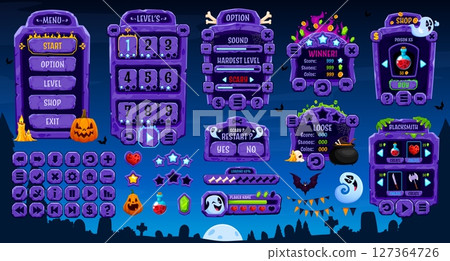 Halloween game interface of GUI menu panel and bars, vector UI elements and assets. Halloween game menu buttons and interface controls with ghosts and monsters on loading bars and gamer panel settings 127364726