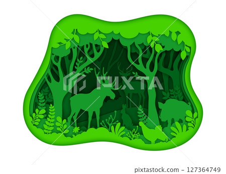 Paper cut green forest with animals and trees silhouettes, vector environment and ecology, save nature eco concept. 3d origami art craft with paper cut silhouettes of green forest, deer, elk and boar 127364749