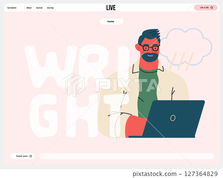 Writing people, modern flat vector concept illustration- sitting man thoughtfully writing on laptop, bubble near head Metaphor for reflection, personal insight, contemplation, creative expression Writing people, modern flat vector concept illustration- sitting man thoughtfully writing on laptop, bubble near head Metaphor for reflection, personal insight, contemplation, creative expression 127364829