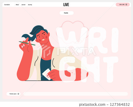 Writing people, modern flat vector concept illustration- sitting woman thoughtfully writing on paper, bubble near head Metaphor for reflection, personal insight, contemplation, creative expression 127364832