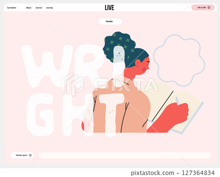 Writing people, modern flat vector concept illustration- sitting woman thoughtfully writing on notebook, bubble near head Metaphor for reflection, personal insight, contemplation, creative expression 127364834