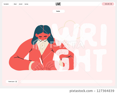 Writing people, modern flat vector concept illustration- sitting woman thoughtfully writing on paper, bubble near head Metaphor for reflection, personal insight, contemplation, creative expression 127364839