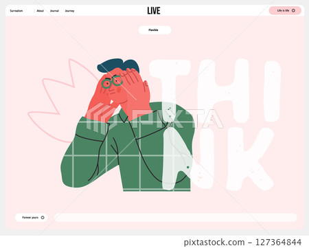 Thinking people, modern flat vector concept illustration- man standing thoughtfully, looking sideways, bubble near his head Metaphor for reflection, analysis, introspection, contemplation, deep 127364844