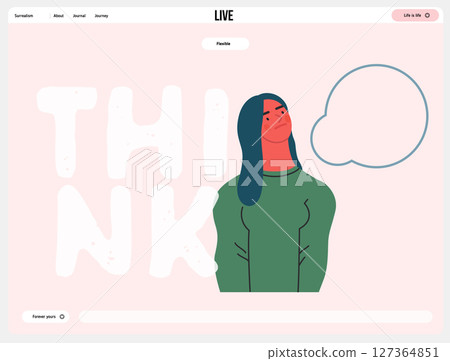 Thinking people, modern flat vector concept illustration- woman standing thoughtfully, looking upwards, bubble near head Metaphor for reflection, analysis, introspection, contemplation, deep thought 127364851