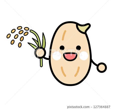 Illustration of a sprouted brown rice character holding rice 127364887