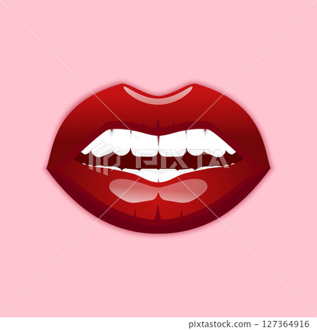 Slightly open female mouth with glossy red lipstick. Woman red lips and teeth. Vector illustration Slightly open female mouth with glossy red lipstick. Woman red lips and teeth. Vector illustration 127364916