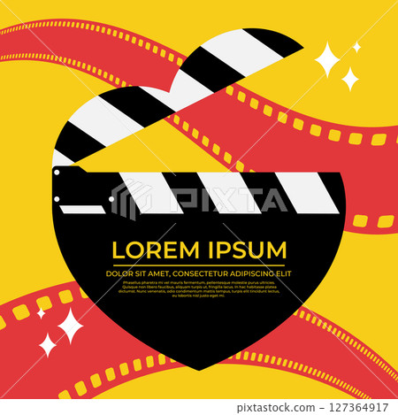 Vector movie premiere template background with heart shaped clapperboard and film strip. Bright retro style background for movie poster 127364917