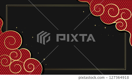 Celestial golden frame with red Asian swirl clouds with geometric ornament. Hand drawn celestial Chinese doodle clouds. Vector illustration 127364918