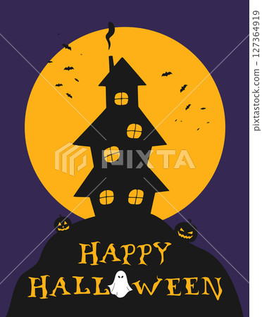 Minimalist Halloween card with a witch silhouette on full moon background. Vector illustration 127364919