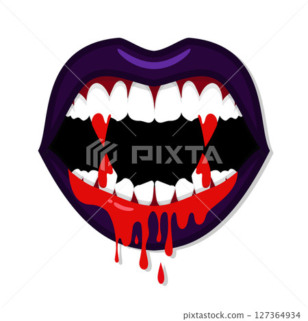 Vampire female open mouth with long bloody fangs and dripping blood. Monster woman evil lips with blood. Vector illustration 127364934
