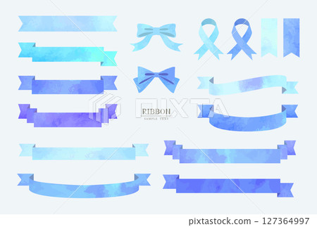藍色絲帶插畫素材集(水彩風格向量) 藍色絲帶插畫素材集(水彩風格向量) 127364997