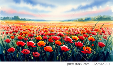 Poppy Field Under A Summer Blue Sky Watercolor Painting 127365005