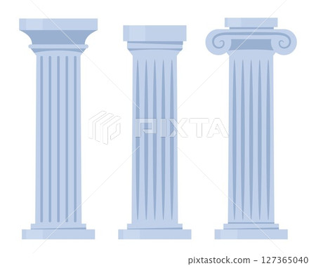 Ancient columns set. Marble structures, old Greece architecture. Archeology and paleontology, history. Luxurious and beautiful building. Vector illustration. Ancient columns set. Marble structures, old Greece architecture. Archeology and paleontology, history. Luxurious and beautiful building. Vector illustration. 127365040