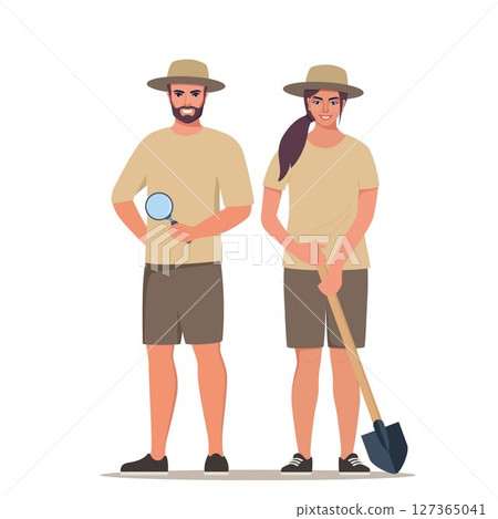 Archeologist people man and woman characters collection set. Archeologist activities concept. Flat style vector illustration. 127365041