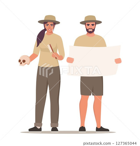 Archeologist people man and woman characters collection set. Archeologist activities concept. Flat style vector illustration. 127365044