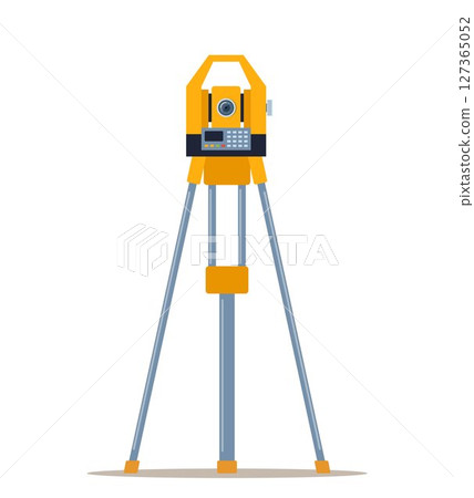 Tacheometer, Theodolite on Tripod, Geological Survey, Engineering Equipment for Measurement and Research Flat Style Vector Illustration 127365052