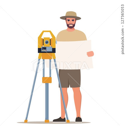 Geologist or Archaeologist Stand near Theodolite. Geological or Archaeological Expedition, Resource Mining, Discovery. Vector Illustration. Geologist or Archaeologist Stand near Theodolite. Geological or Archaeological Expedition, Resource Mining, Discovery. Vector Illustration. 127365053