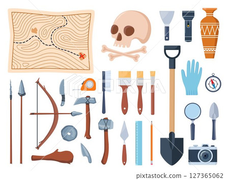 Archaeological tools and finds set. Brushes instruments for excavating historical treasures. Vector illustration. 127365062