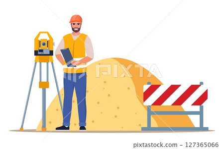 Surveyor engineers with equipment, theodolite or total positioning station. Building work process with construction machines. Vector illustration. 127365066