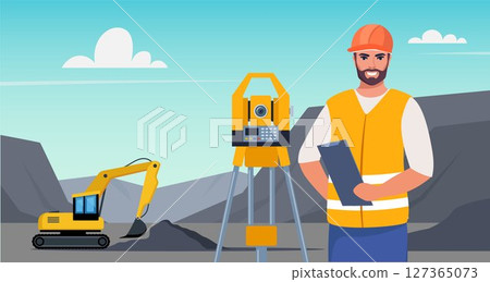 Surveyor engineers with equipment, theodolite or total positioning station. Building work process with construction machines. Vector illustration. Surveyor engineers with equipment, theodolite or total positioning station. Building work process with construction machines. Vector illustration. 127365073