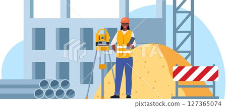 Construction site. Building work process with houses and construction machines. Surveyor engineers with equipment, theodolite or total positioning station. Vector illustration. 127365074