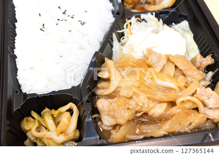 Delicious ginger pork Chinese lunch box 127365144