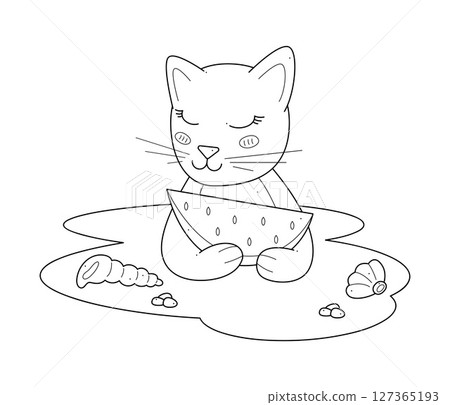 Cute cat with a watermelon on the beach. Outline clip art for your projects. Cute cat with a watermelon on the beach. Outline clip art for your projects. 127365193