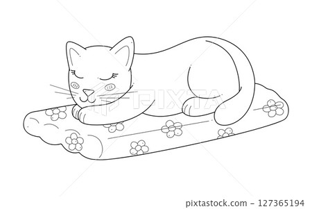 Cute cat sleeping on a floating mattress. Outline clip art for your projects. Cute cat sleeping on a floating mattress. Outline clip art for your projects. 127365194