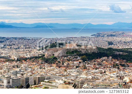 Aerial view Athens with Acropolis and harbor from Lycabettus hill in Greece. 127365312