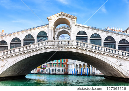 View of amazing Rialto Bridge in Venice, Italy. Close up of Rialto Bridge on the Grand Canal in Venice, Italy, Europe. 127365326