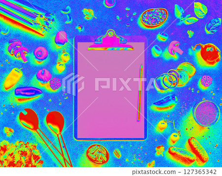 Infrared Thermal Image of food ingredients and clipboard with paper sheet. Vegetables and Clipboard with a Pencil Mockup Infrared Thermal Image of food ingredients and clipboard with paper sheet. Vegetables and Clipboard with a Pencil Mockup 127365342