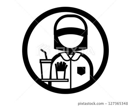 快餐工人拿著薯條和果汁的圓形簡單單色插圖圖標 127365348