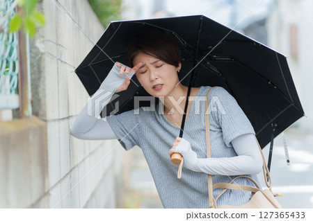 A woman staggering with heat stroke 127365433
