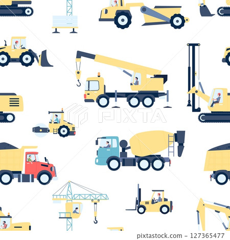 Special vehicle seamless pattern. Construction trucks and crane, concrete mixer and asphalt paver. Childish elements print, vector background 127365477
