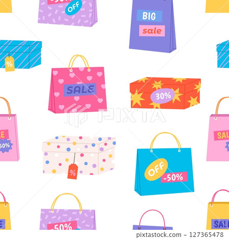 Shopping bags seamless pattern. Sale package, cardboard decorative boxes and bag. Discount print for web design, fabric, wallpaper, vector background 127365478