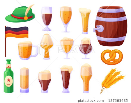 Cartoon oktoberfest elements. Beer glasses, bretzel, wooden barrel for drink, bottle of beer. Alcoholic drink traditional symbols, bar beverages, nowaday vector set Cartoon oktoberfest elements. Beer glasses, bretzel, wooden barrel for drink, bottle of beer. Alcoholic drink traditional symbols, bar beverages, nowaday vector set 127365485