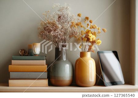 Home office shelf with books, dried flowers and tablet 127365540