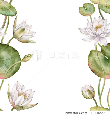 Seamless vertical frame with watercolor white water lilies and green leaves. Hand-drawn illustration on white background. Elegant floral design for textiles, wrapping paper, or borders. Seamless vertical frame with watercolor white water lilies and green leaves. Hand-drawn illustration on white background. Elegant floral design for textiles, wrapping paper, or borders. 127365550
