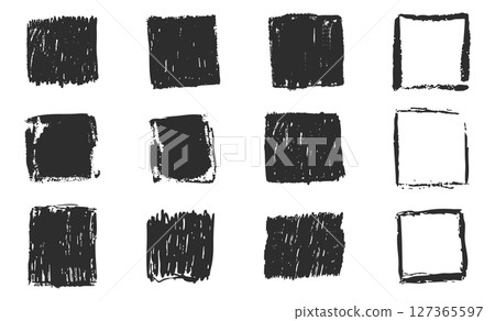 Grunge ink rectangle and square paint border with rough edges. Text box, sketch dirty line, splash. Scribble frame cadre textured  127365597