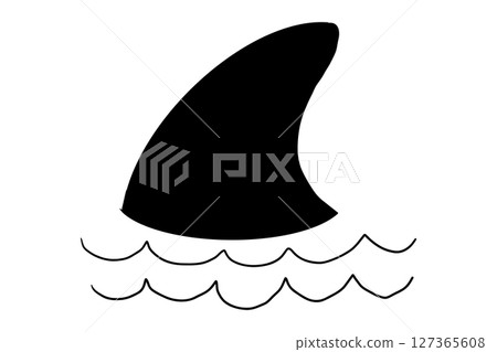 Shark fin sketch with water tattoo. Simple line silhouette dolphin or shark fin underwater. Vintage nautical retro textured shape. 127365608