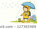 “雨天撐著傘走路的孩子的插圖” 127365989