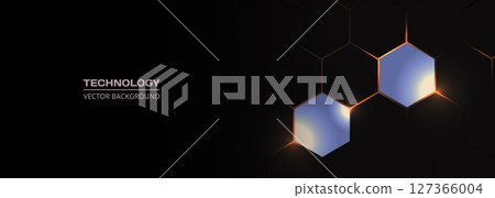 Hexagon technology blue and orange colored honeycomb on black wide abstract background. Hexagon technology blue and orange colored honeycomb on black wide abstract background. 127366004
